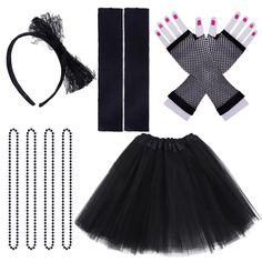 PRICES MAY VARY. Package Content：1 piece tutu skirt, 1 pair of long gloves, 1 pair of leg warmers, 4pcs necklace, 1pcs lace headband bow. abundant quantity can satisfy your need for decorating your 1980s costume. Cute Clothes: Tutu skirt is made from chiffon, soft, elastic and comfortable to wear. gloves and leg warmers are complement the skirt, make your look brightly and moving. Decorated Accessories: Necklace and headband are the best accessories of this outfits. they are made of high quality Spring Party Costumes Fitted, Spring Party Costumes, Fitted, Black Punk Style Costumes For Parties, Fitted Spring Party Costumes, Fitted Holiday Party Costumes, Winter Costume Party Accessories, Fitted Punk Style Party Costume, Fitted Winter Party Costumes, Black Winter Party Costumes