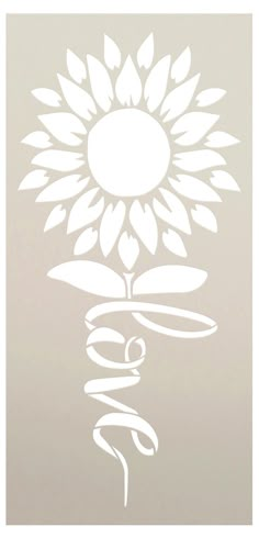 a sunflower with the word love written in white on a light gray background,