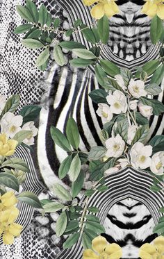 a zebra surrounded by flowers and leaves on a black and white checkerboard background