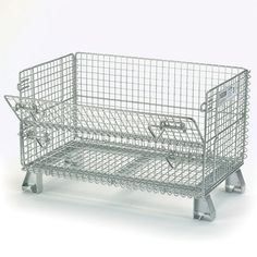 a metal wire basket sitting on top of a stand