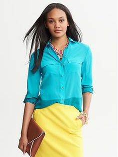 Colorblock Silk Blouse | Banana Republic Blue Blouse With Pockets For Work, Chic Long Sleeve Top With Flap Pockets, Chic Workwear Tops With Pockets, Spring Workwear Shirt With Flap Pockets, Fall Blouse With Collared Neckline And Pockets, Fall Blouse With Pockets And Collared Neckline, Spring Blouse With Pockets And Fold Down Collar, Spring Workwear Blouse With Pockets, Chic Button-up Blouse With Pockets