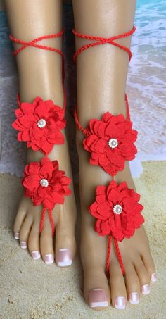 This sweet pair of barefoot sandals features 2 red chiffon flowers that lay on the top of the foot. The crochet string ties makes these barefoot sandals size adjustable to accommodate all foot sizes. Perfect for a beach wedding or summer events. Comfortable and versatile, they will lend themselves to casual or formal events. My barefoot sandals are sold as a pair and one size fits most. All items are made in a smoke free environment. *If there is any issue with your barefoot sandals, please let Barefoot Sandals Beach Wedding, Beach Wedding Sandals Barefoot, Sterling Silver Toe Rings, Chiffon Flower, Sandals Beach, Silver Toe Rings, Red Chiffon, Chiffon Flowers, Summer Events