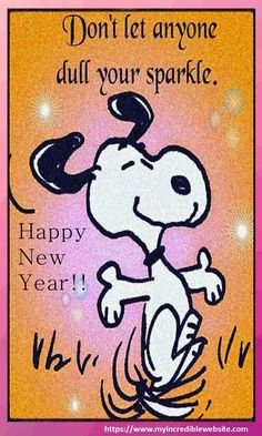 a happy new year card with a cartoon dog on it's face and the words, don't let anyone dull your sparkle