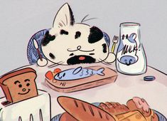 a cat is sitting at a table with bread and milk