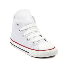 Classic Converse Hi Top Chucks for the younger courtsters. You can never be too old or young for the originals. The smaller styles still feature the famous durable canvas upper and rubber sole like only Converse can do it. Optical white colorway keeping things fresh!    Manufacturer style 7J253 White Cotton High-top Sneakers For Spring, White Non-slip Lace-up Canvas Shoes, Converse Cotton Canvas Shoes For Spring, White Non-slip Canvas Shoes For School, Spring Converse Cotton Canvas Shoes, Spring Converse Canvas Shoes, White Cotton Canvas Shoes With Vulcanized Sole, White Sneakers For School Summer Season, White Sporty Non-slip Canvas Shoes