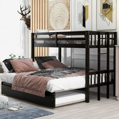 a bedroom with a bunk bed, dresser and rug on the floor in front of it