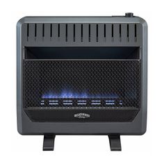 an electric fireplace heater with blue flames on the front and side panel, in black