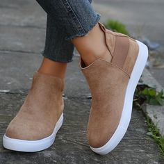 Women's Flat High Top Sneakers, Solid Color Round Toe Slip On Ankle Boots, Comfortable Suedette Shoes Beige Ankle-high Fall Sneakers, Beige Flat Heel Casual Booties, Casual Platform Booties With Round Toe, Casual Beige Flat Heel Booties, Casual Beige Booties With Flat Heel, Casual Slip-on Booties For Fall, Casual Sneakers For Spring, Casual Fall Slip-on Booties, Casual Beige Booties With Round Toe