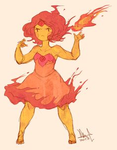 a drawing of a woman with red hair and an orange dress holding a fireball