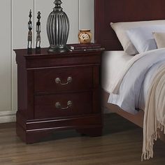 a bedroom with a bed, night stand and nightstand