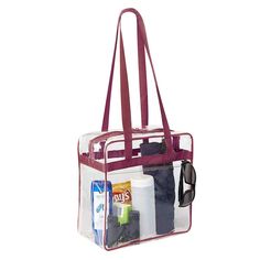 Clear Stadium Bag Burgundy Trim This sturdy clear tote bag with zipper closure is perfect for NFL games and measures 12 x 12 x 6It has 35 Inch Long Handles- Top zipper closure- Shoulder length straps- Handy flat exterior pocket- Perfect for men or womenThis sturdy clear tote bag with zipper closure is perfect for NFL games and measures 12 x 12 x 6 We also supply tote bags in bulk. For wholesale information please visit https://clear-handbags.com/pages/wholesale Clear Concert Bag, Concert Bag, Concert Bags, Clear Stadium Bag, Tote Bag With Zipper, Clear Handbags, Stadium Bag, Clear Tote Bags, Nfl Games