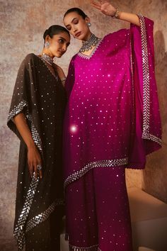 Buy Vvani by Vani Vats Wine Georgette V Neck Embroidered Kaftan And Palazzo Set Online | Aza Fashions Kaftan Sleeves, V Neck Kaftan, Vani Vats, Embroidery Mirror, Embroidered Kaftan, Palazzo Set, Buy Wine, Pattern Embroidery, Thread Embroidery