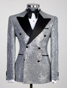 Fabric: Sequins, Polyester Jacket Buttons: Double Breasted Six-buttons Neckline: Closure Collar Embellishment: Pockets Shown Color: Black, Pink, Burnt Orange, Gold, Silver Tips: Accessories not included Evening Tuxedo Suit With Double-breasted Button Fastening, Luxury Double-breasted Suits With Hidden Button Closure, Luxury Silver Men's Outerwear, Gold Tailored Suit-collar Outerwear, Luxury Double-breasted Tuxedo Outerwear, Mens Tailor, Party Jackets, Polyester Jacket, Silver Sequin