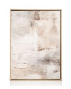 an abstract painting with white and grey colors on the wall, framed in wood frame