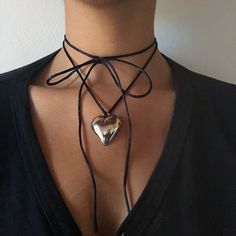 "This beautiful  Gold Plated Puffed Heart Leather Black Cord Necklace is crafted with care and love. Its dainty and minimalistic style is great everyday wear or special occasion. It also makes a perfect gift for a wife, girlfriend, sister, mom or yourself! You can also get both colors to be matching with your loved one. 💌Specifications The long cord allows you to wear it in so many different ways, style as you like. - Material: Gold Plated/ Leather - Pendant Size: 1x1cm - Necklace Length: 1.5\" Chunky Heart Necklace Outfit, Heart Shaped Clavicle Chain Choker For Party, Heart-shaped Clavicle Chain Choker For Parties, Elegant Clavicle Chain Choker For Valentine's Day, Valentine's Day Heart Pendant Choker For Party, Elegant Heart-shaped Choker For Valentine's Day, Elegant Heart Shaped Choker For Valentine's Day, Adjustable Heart Necklace For Parties, Elegant Heart Choker With Heart Charm