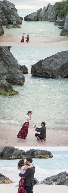 two people are hugging on the beach while another person is sitting in the water behind them