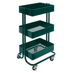 a green cart with three trays on it