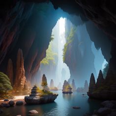 an image of the inside of a cave that looks like it is floating in water