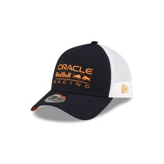 The 2024 Oracle Red Bull Racing 9FORTY A-Frame Trucker features an orange screen-printed Oracle Red Bull Racing wordmark at the front panels with white mesh back panels, an orange undervisor, and a snapback closure at the rear. White Trucker Hat With Curved Visor For Sports, White Mesh Hat For Sports Events, Orange Trucker Hat For Sports, White Functional Trucker Hat For Sports, Functional White Trucker Hat For Sports, White Mesh Trucker Hat With Curved Visor, White Mesh Snapback Sports Hat, White Mesh Snapback Hat With Visor, Orange Snapback Trucker Hat For Sports