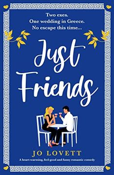 the cover of just friends by jo lovett, featuring two people sitting at a table