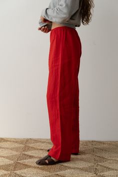 An effortless wardrobe staple with a featherweight feel. Crafted from our 100% linen fabric with an elastic waistband, and wide leg silhouette. Made in Los Angeles Red Linen Pants, Spring Stripes, Sustainable Brands, Linen Crops, Red Pants, Sweater Making, Pull On Pants, Linen Pants, Summer Essentials