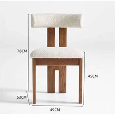 the measurements for a wooden chair with sheepskin seat padding and backrests