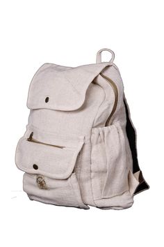 "Our Sunshine Joy natural backpacks are similar to the popular \"Pure Hemp\" style bags. Designed for students and adventurers alike, they are great for hiking trips, camping, festival-going, picnics, and more. These high-quality bags feature comfortable and sturdy shoulder straps,  a double interlocking \"lockable\" zipper top, two outside front pockets (one zippered and one with a snap), two side bottle holders, and a large 8x10-inch interior pocket.  The backpack measures approximately 16 x 1 Beige Outdoor Backpack With Zipper Pocket, Beige Outdoor Backpack With Pockets, Beige Bags For Outdoor Activities, Practical Backpack For Outdoor Activities, Casual Camping Backpack, Outdoor Backpack With Pockets, Beige Backpack For Outdoor Activities, Practical Backpack With Pockets For Outdoor Activities, Practical Adventure Backpack With Pockets