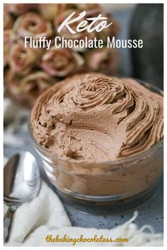 chocolate mousse in a glass bowl with the words keto fluffy chocolate mouse