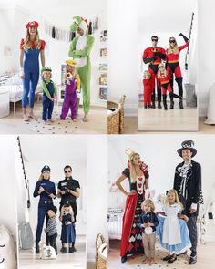 people in costumes are posing for pictures with their children and an adult standing behind them