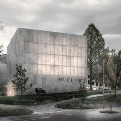 an artist's rendering of the exterior of a museum with trees and bushes around it