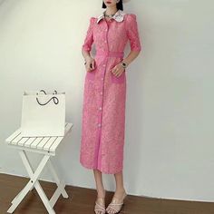 image_6 Feminine Midi Dress With Button Closure For Party, Pink Semi-formal Midi Dress, Feminine Pink Semi-formal Dress, Pink Buttoned Midi Dress For Party, Pink Long Sleeve Office Dress, Pink Long Sleeve Dress For Office, Feminine Party Midi Dress With Buttons, Elegant Pink Midi Dress For Workwear, Pink Knee-length Semi-formal Dress