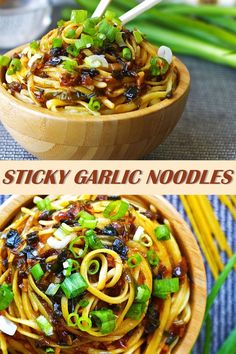 two pictures show different types of noodles in wooden bowls with chopsticks sticking out of them