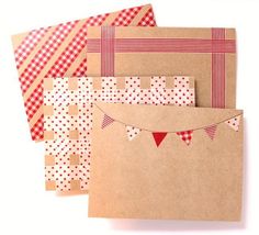 four pieces of brown paper with red and white polka dots on them, one has a bunting banner