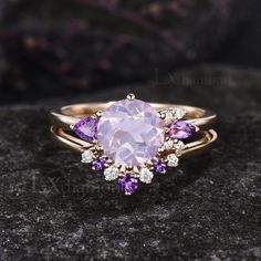 Item description ✦ Handmade, high-quality item! ✦ Material: 925 sterling silver, Solid 10k/14K/18K GOLD (can be made in white/rose/yellow gold) Engagement ring ✦ Center stone: Natural Lavender Amethyst. ✦ Size/Weight: 8mm Round Cut ✦ Side stones: Trillion Cut/Marquise Cut Natural Amethyst and Round Cut Moissanites Wedding band ✦ Gemstones: Round Cut Moissanites and Natural Amethyst Any ring size can be made,if the ring size is not in the option list ,contact me. As it is handmade,it needs 2-4 weeks to finish and then be shipped by usps or DHL. Return policy: We offer 30 days return policy. For any reason, if you are not completely satisfied with your order, you may return it for a refund.  Buyer is responsible for the handcraft fee (15%-30% of the total price) and the return shipping cost. Lavender Birthstone Ring With Center Stone For Wedding, Fine Jewelry Amethyst Gemstones For Wedding, Lavender Diamond Wedding Ring With Center Stone, Lavender Amethyst Ring With Center Stone For Wedding, Fine Amethyst Jewelry For Weddings, Lavender Diamond Wedding Ring, Lavender Diamond Ring For Anniversary, Lavender Amethyst Ring With Cubic Zirconia For Anniversary, Kunzite Wedding Jewelry With Center Stone