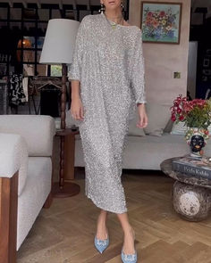 Loose Dolman Sleeve Sequin DressSuitable for the crowd: womenSuitable style: fashionable and casualFor the season: Summer.Spring.AutumnFabric: Polyester Silver Dress, Dolman Sleeve, Sequin Dress, Season Summer, Sequin, Silver