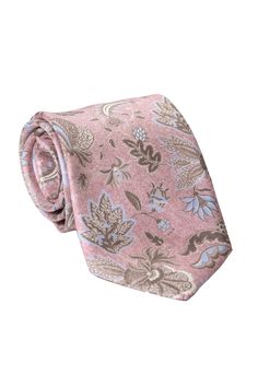 This floral print tie will add timeless sophistication to your look. Drawing inspiration from the patterns and colors found in Italy's historic art cities. Standard Length: Approx. 3.25" x 58.5". A classic tie width and length that is perfect for most men up to 6'2". 100% Panama Silk: Also known as basket weave is a soft, supple fabric that is resistant to wrinkles, ensuring you always look your best. 3-fold construction: This ensures your tie maintains its shape and effortlessly creates a flawl Classic Formal Ties With Floral Print, Elegant Patterned Tie With Floral Print, Men In Pink, Historic Art, Luxury Ties, Tie For Men, Man Up, Basket Weave, Printed Silk