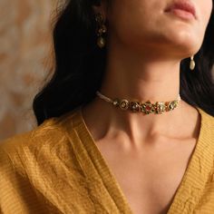 Gold(22K) : 3.40gGold(18K) : 5.10gUncut Diamond/Vilandi/Polki: 0.70ctGemstone : Emerald, Cultured Pearls, Glass-filled Rubies, Coloured StonesOther : Resham Zari Polki And Pearl Necklace, Kundan Choker Necklace Gold, Emerald Indian Jewellery, Desi Choker, Emerald Choker Indian, Ruby Jewelry Necklaces Indian, Reception Makeup Looks, Choker Necklace Indian Gold, Gold Choker Necklace Indian Bridal