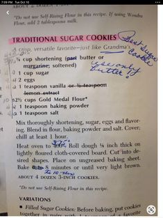 the recipe for traditional sugar cookies is posted on a piece of paper with handwritten instructions