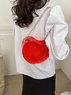 BirdinBag - Compact Red PVC Heart-shaped Bag with Chain Zipper - Stylish and Playful Heart Shaped Bag, Pvc Bag, Bag With Chain, Chain Pattern, Novelty Bags, Small Heart, Bag Bag, Green And Orange, Orange Black