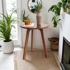 a small table with a vase on it next to a fire place and potted plants