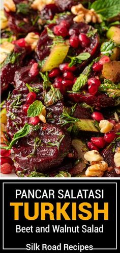 a close up of food on a plate with the words pancar salatai turkish beet and walnut salad