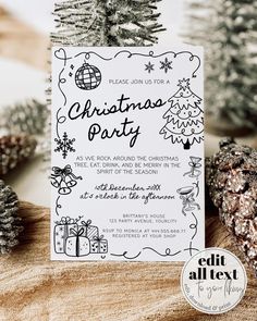 a christmas party card sitting on top of a table next to pine cones and other decorations