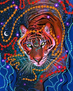 a painting of a tiger surrounded by stars