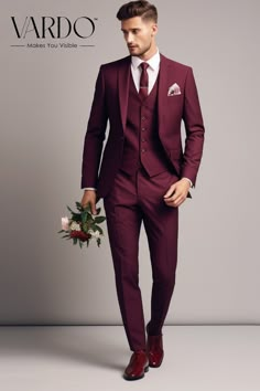 Suits for men, Burgundy men's Suit, 3 Piece suit, party wear suit, Fashionable suit for men, Prom suit, men elegant suit Command attention in our Men's Dapper Burgundy Notch Lapel Three-Piece Suit, a distinct blend of sophistication and modern flair. Expertly tailored for a perfect fit, this suit is a dynamic wardrobe addition for both formal and business settings. The striking burgundy color combined with the notch lapel design offers a contemporary twist on the classic suit. Made with superior quality fabric, it promises lasting comfort and durability. This three-piece suit is a testament to refined style, making it a must-have for every fashion-conscious gentleman. With its trendy color, notch lapel, and unmatched tailoring, this burgundy three-piece suit is a sound investment in your s Men’s Burgundy Suit, Debs Suits, Three Piece Suit Mens Wedding, Red Suit Men, Maroon Wedding Suit, Burgundy Suit Men, Burgundy Suits, Three Piece Suit Mens, 3 Piece Suit Men