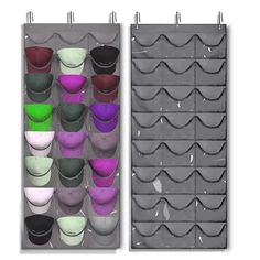 two wall mounted storage racks with cups and bowls on them, each containing different colors