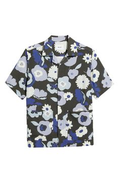 A groovy floral print ups the casual-cool quality of this short-sleeve button-up crafted from a sustainable viscose blend and finished with a notched collar. 29" length, 48" chest (size medium) Hidden-button placket Notched collar Short sleeves Front patch pockets 93% Lenzing™ EcoVero™ viscose, 7% polyester Lenzing EcoVero viscose is a more-sustainably produced fiber made using pulp made from renewable wood sources Machine wash, tumble dry Imported Patterned Floral Print Camp Shirt With Relaxed Fit, Patterned Camp Shirt With Floral Print And Relaxed Fit, Spring Johnny Collar Shirt With Relaxed Fit, Patterned Cotton Hawaiian Shirt For Spring, Casual Patterned Camp Shirt For Spring, Collared Short Sleeve Floral Print Shirt For Spring, Spring Patterned Button-up Hawaiian Shirt, Spring Patterned Hawaiian Button-up Shirt, Spring Floral Print Camp Shirt With Spread Collar