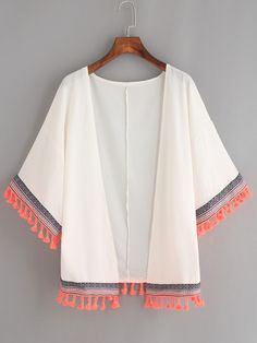 Kimono cinta tejida flecos gasa -blanco Kimono Online, 여름 스타일, Hijab Styles, Fashion Tops Blouse, Trendy Fashion Tops