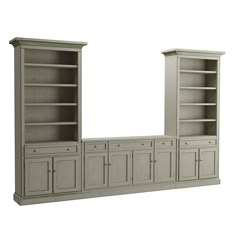 a large gray bookcase with two doors and three drawers on each side, in front of a white background