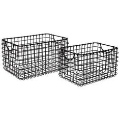 two black wire baskets sitting next to each other