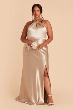 Monica Plus Size Long Satin Bridesmaid Dress in Neutral Champagne | Birdy Grey Champagne Bridesmaid Dress, Taupe Bridesmaid, Taupe Bridesmaid Dresses, Monica Dress, Neutral Bridesmaid Dresses, Satin Gowns, Satin Bridesmaid Dress, Champagne Bridesmaid Dresses, Champagne Bridesmaid